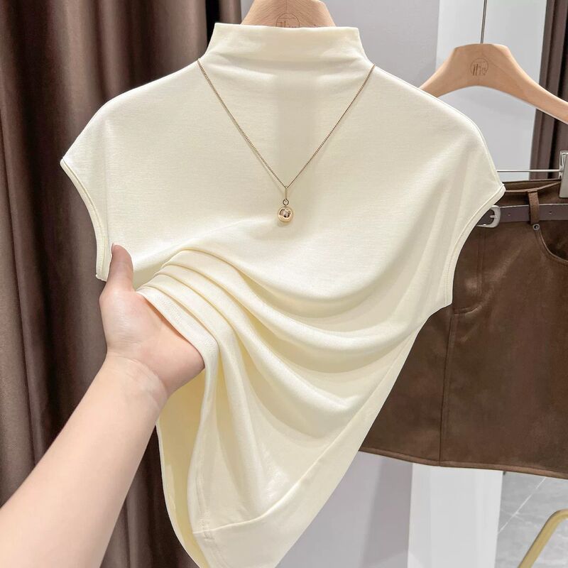 Soft and Stretchy Half-High Collar Flutter Sleeve T-Shirt for Women, 2026 Summer New Fashion Slim Fit Cool-Feel Inner Top