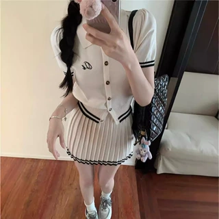 学院风减龄时尚套装女夏季新款气质休闲针织上衣百褶半身裙两件套