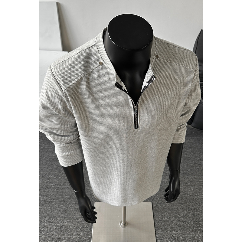 T-shirt a maniche lunghe da uomo in maglia waffle con mezza zip e patchwork destrutturato, vestibilità pulita, stile americano di tendenza, pesante, primavera._voghion.com