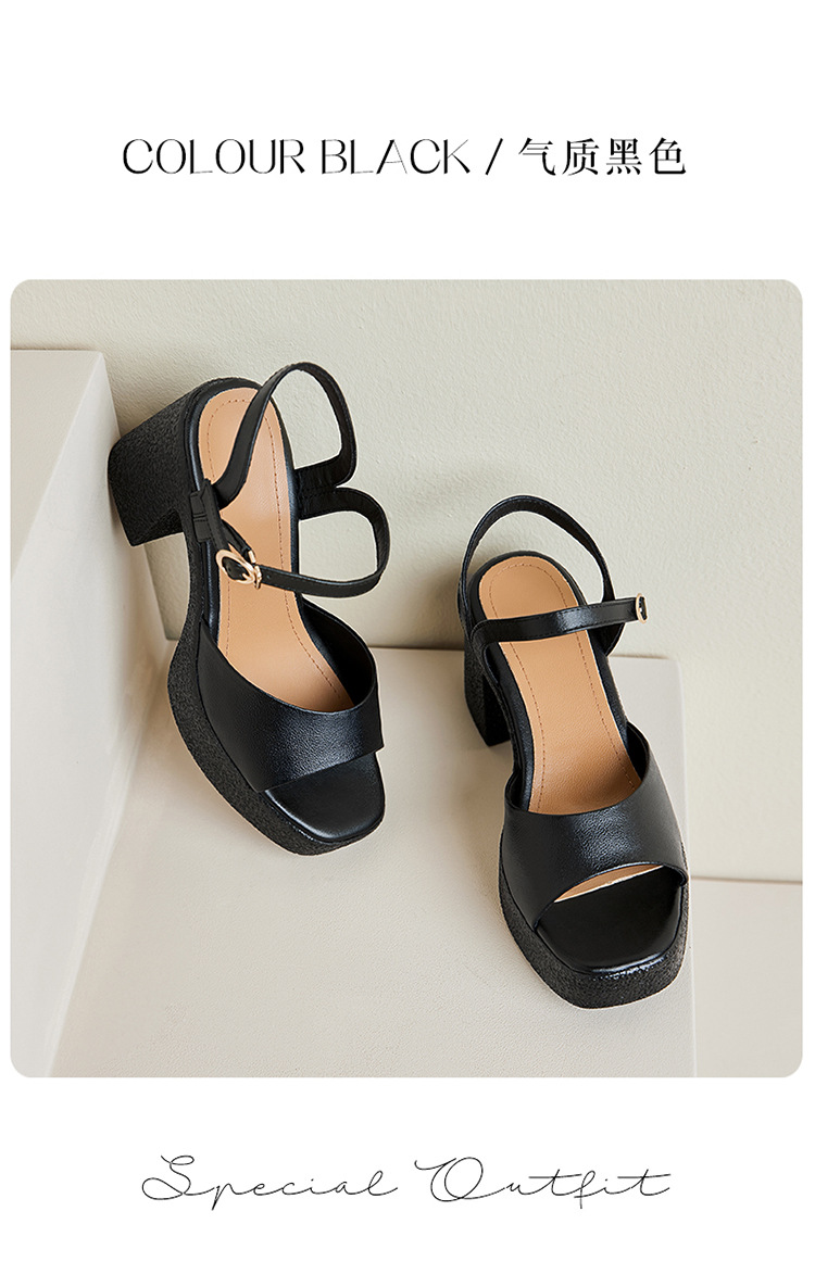 Sandal cao gót nữ quai ngang da thật đế dày chống thấm — Màu đen chi tiết 32