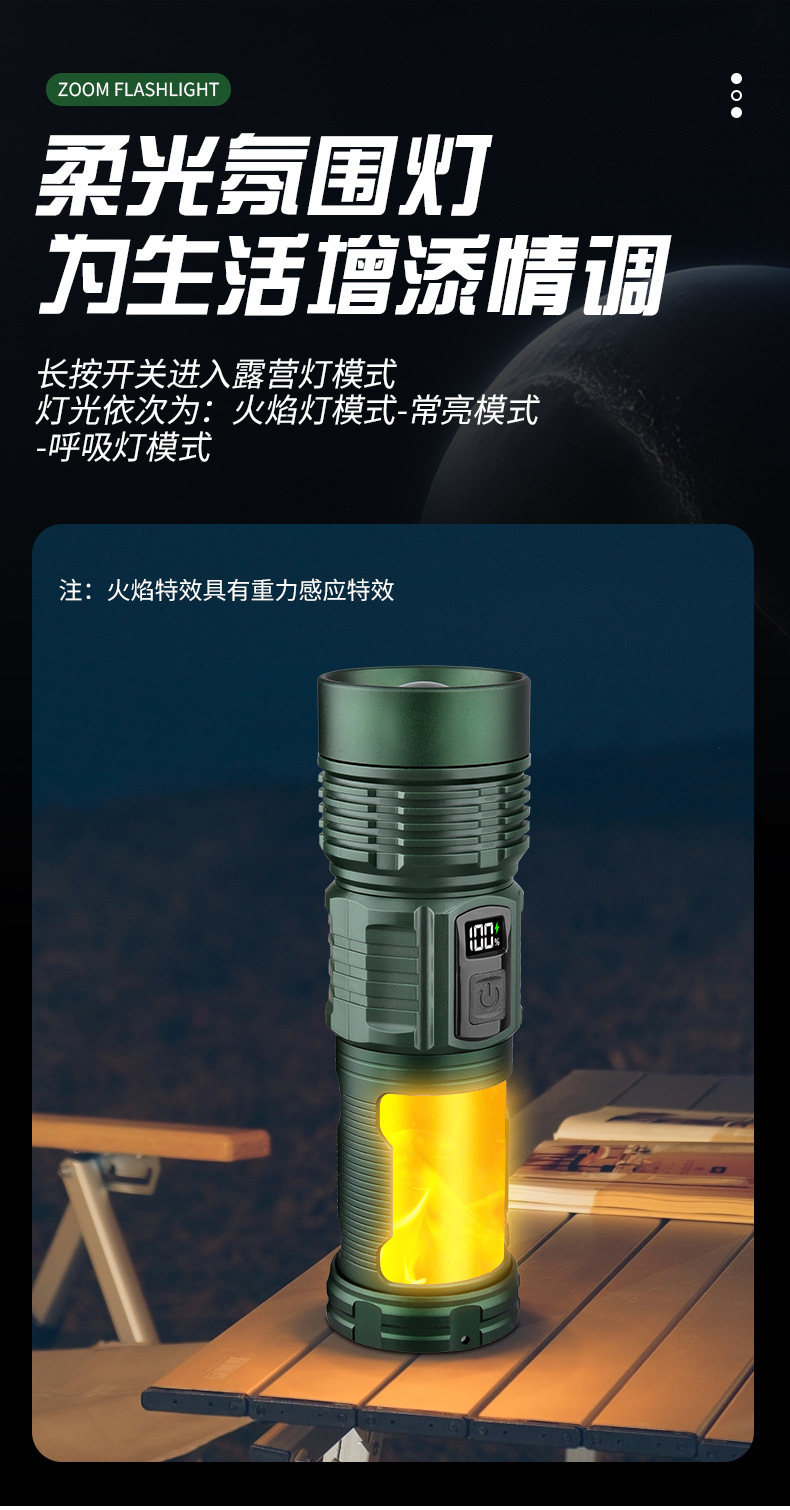Cross-border multifunctional white laser portable high-intensity digital display zoomable rechargeable three-light source camping lantern flashlight