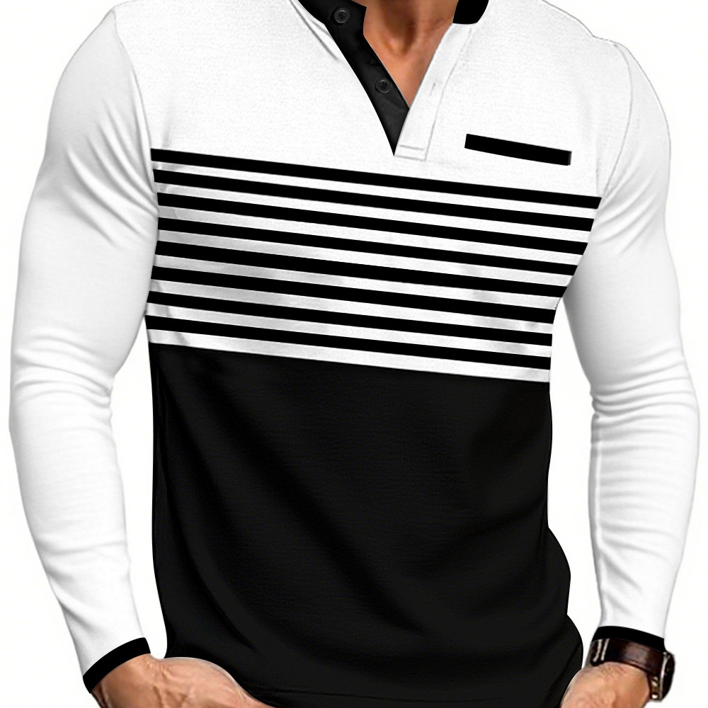 Camiseta de manga larga con cuello en V y rayas en contraste, estilo europeo y americano, novedad de verano, para hombre, corte ajustado, informal de negocios, para comercio transfronterizo europeo y americano.