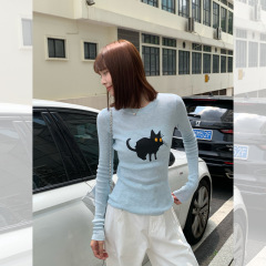 猫咪印花长袖T恤女装秋季新款薄毛织针织衫显瘦辣妹内搭上衣毛衣