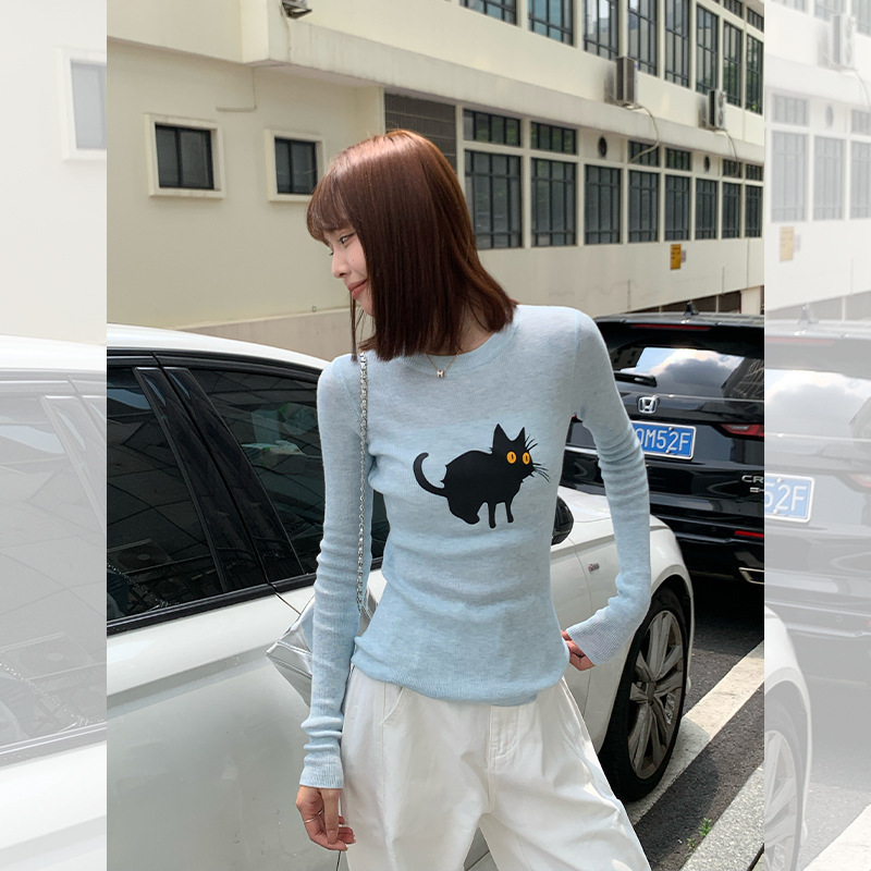 Cat Print Long-Sleeved T-Shirt for Women, New Autumn Thin Knit Sweater, Slim-Fit Trendy Inner Wear Top Sweater