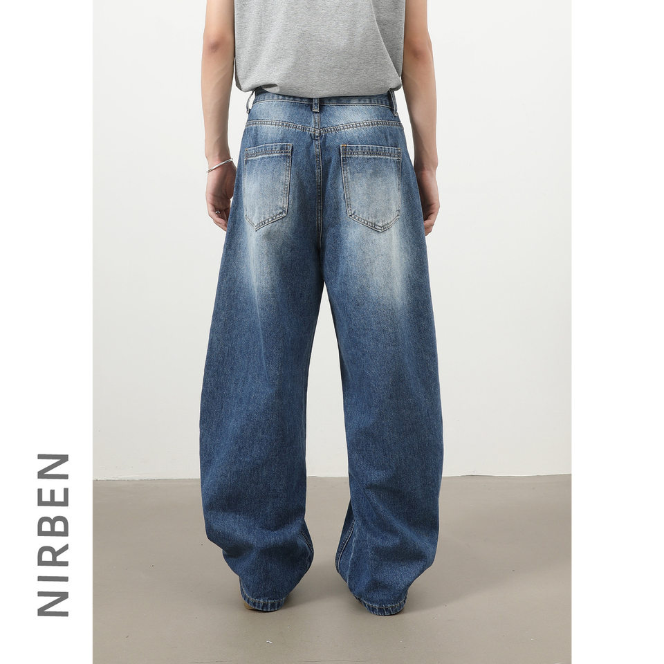 Quần jeans nam dáng thẳng rộng phối màu phong cách retro — màu xanh, màu xám đen