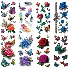 3D Colorful Butterfly Rose Flower Lock Bone Arm Concealer Sexy Simulation Water Transfer Printing Photographic Waterproof Tattoo Sticker