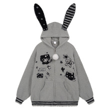 衣品男装可爱复古小猫水貂绒兔耳毛衣外套女宽松连帽轻亚风宅萌系