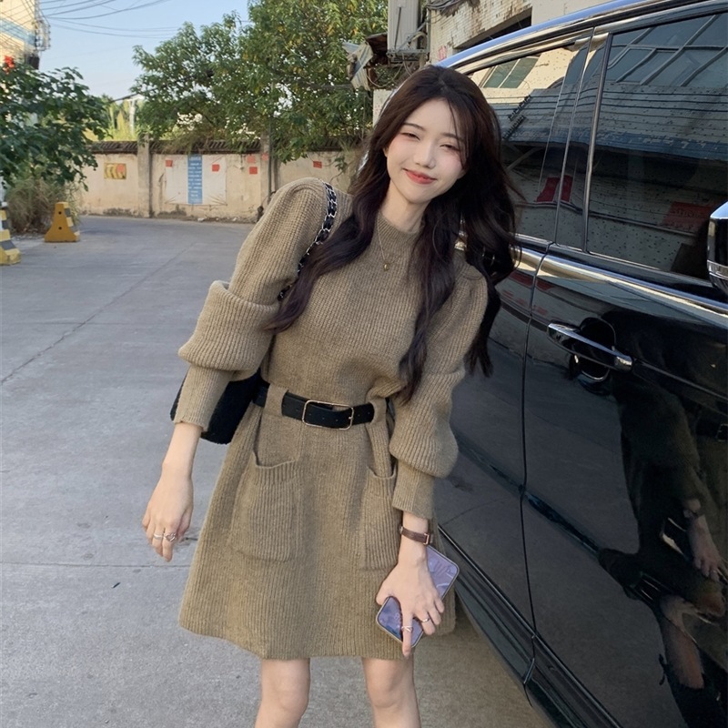 亚马逊复古气质针织连衣裙子秋冬季女装御姐风感打底内搭毛衣配大|undefined