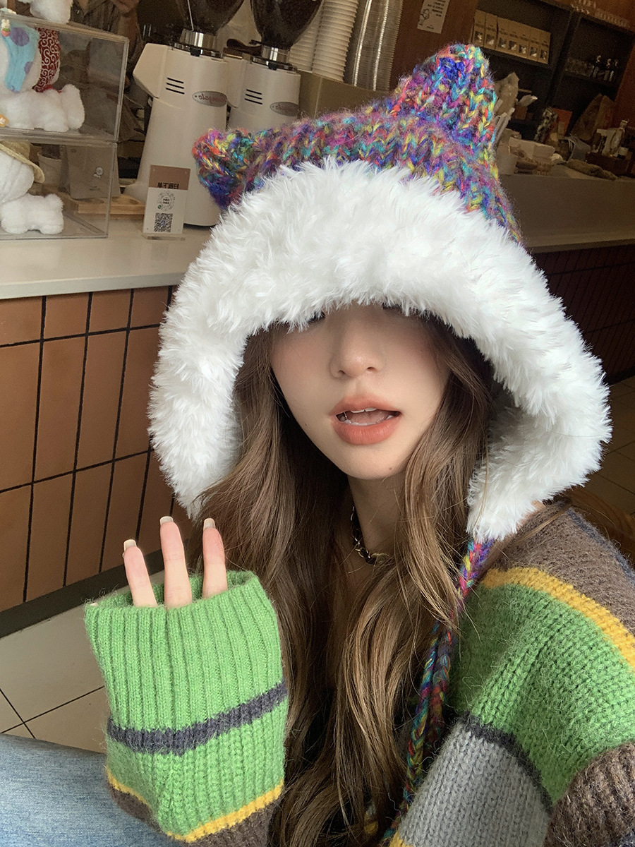 Cute Ears, Big Headband, Colorful Thick Wool Knitted Hat, Women's Autumn and Winter Warmth, Show Face, Small Plush_voghion.com
