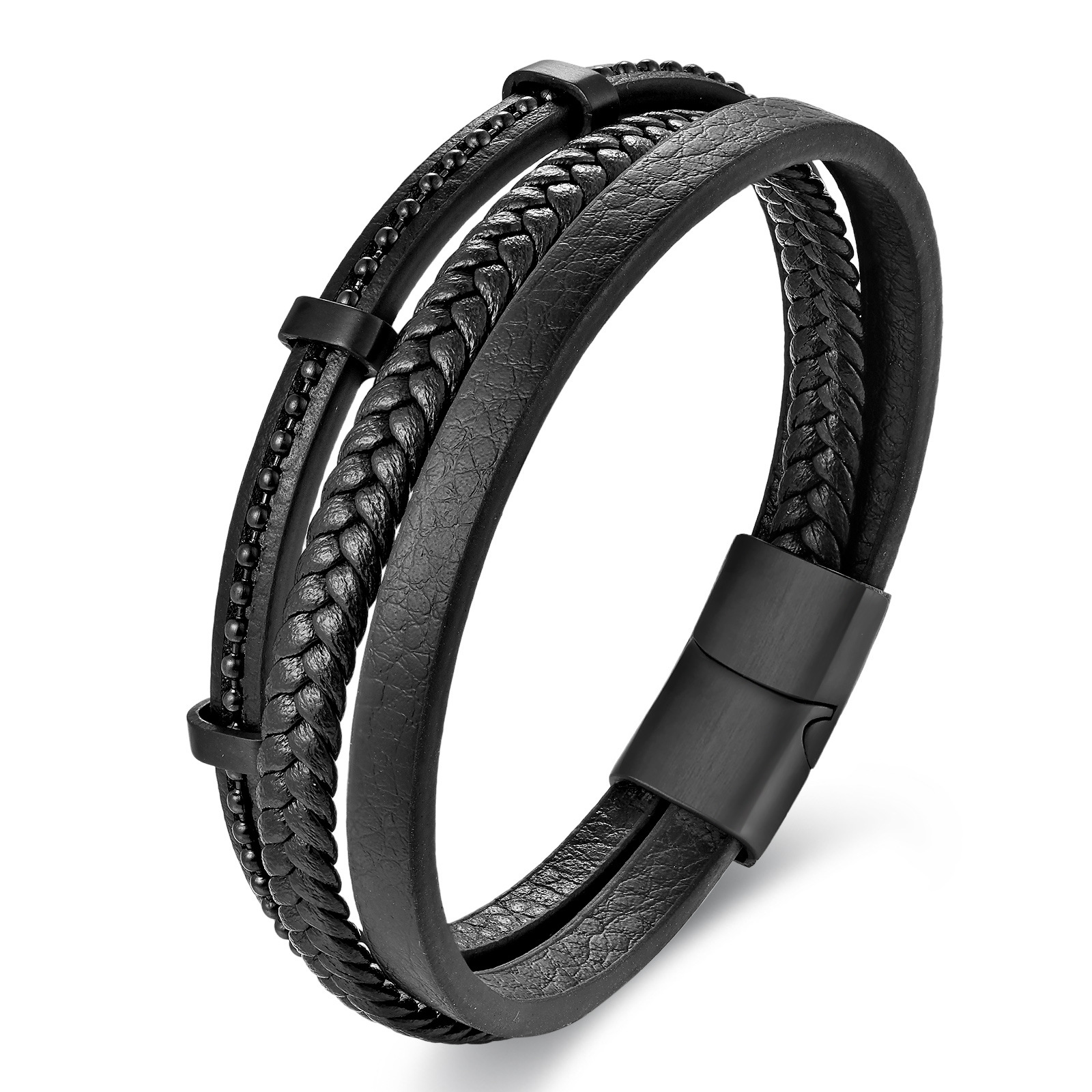 316L Stainless Steel Pendant Material Simple Style 316L Stainless Steel Leather Solid Color Black Men Cord & Leather Bracelets