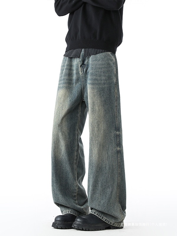 American-style retro straight-leg jeans for men, autumn/winter trendy high-street cleanfit pants, casual long pants for men