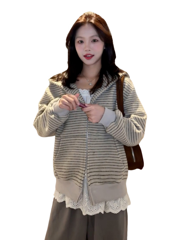 连帽卫衣外套女春秋季2025新款韩系慵懒拉链条纹开衫上衣早秋穿搭|undefined