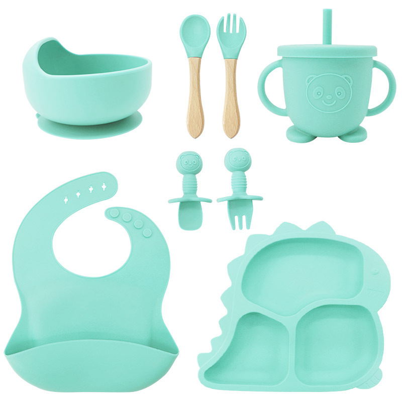 Fábrica al por mayor cubiertos para bebés babecera de silicona platos de comida suplementarios dinosaurios niños comidas set de entrenamiento