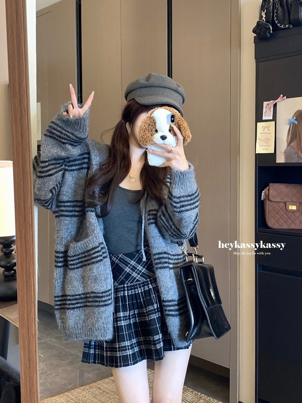 慵懒风撞色条纹长袖毛衣外套女2025秋季减龄宽松连帽针织开衫|undefined