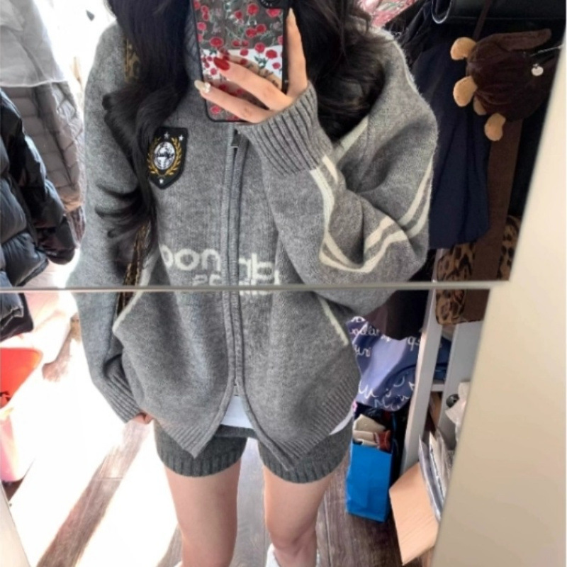 韩版棒球风翻领拉链毛衣开衫女外套2025秋冬装新款宽松灰色针织衫|undefined