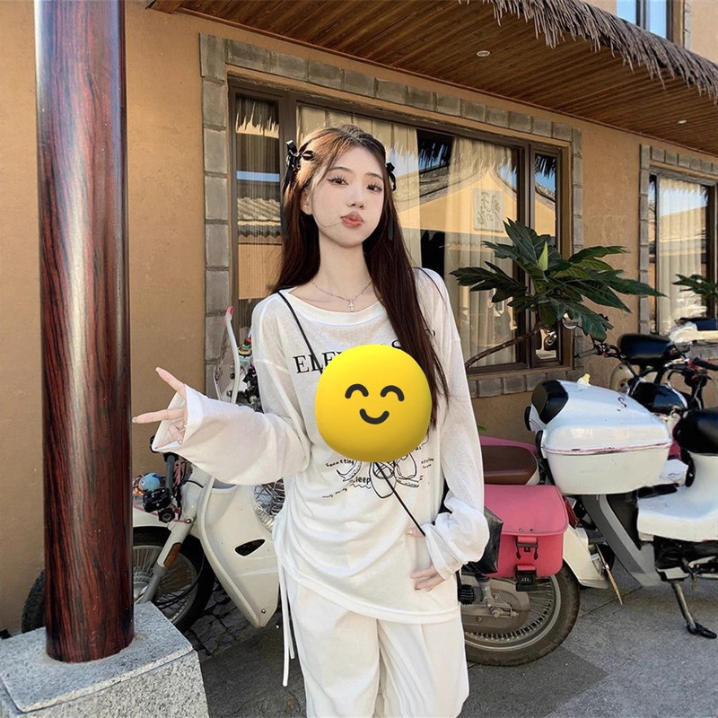 Lazy Style Thin Printed Slant Shoulder White Long-sleeved T-shirt Women's Summer Micro-transparent Loose Slim Look All-match Top