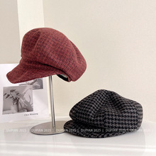 冬款复古纹理丝绒拼接八角帽女日系英伦风时尚报童帽气质鸭舌帽潮