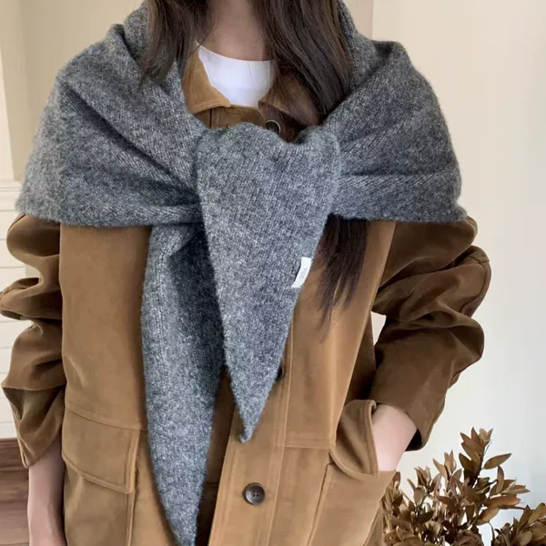 Wool Blend Solid Color Knitted Triangle Scarf Shawl for Women, Autumn and Winter Versatile Multifunctional Warm Neck Protector Small Scarf