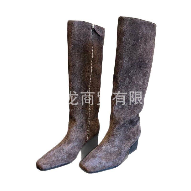 高端小众新款简约真皮方头复古高筒靴粗跟侧拉链高跟不过膝长靴女|undefined