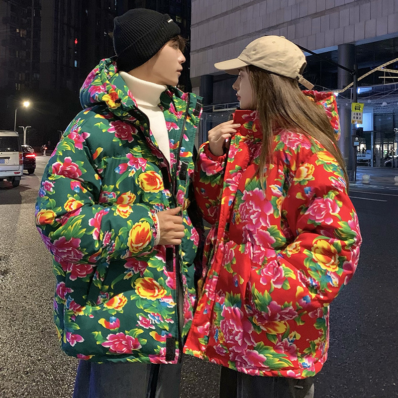 후드면 패딩 재킷 코트 북동쪽 큰 꽃면 패딩 재킷 중국 스타일의 민족 특성면 패딩 재킷 플러스 사이즈 커플 꽃면 패딩 재킷 조수 브랜드