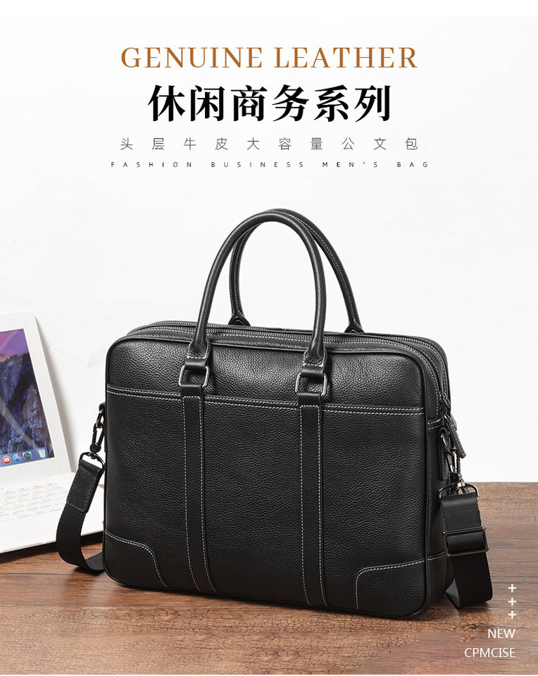 Cặp công sở da bò lớp đầu khóa kéo đôi, túi xách tay nam đựng laptop 14 inch dung lượng lớn, có dây đeo vai 38×11×28 cm — đen chi tiết 1