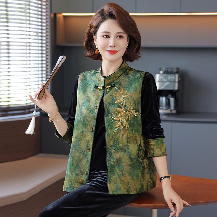 Middle-Aged and Elderly Women's Chinese Style Vest Top Suit Chinese Style New Middle-Aged Mother's Clothing Spring & Fall Velvet Two-Piece Set Middle-Aged and Elderly Women's Chinese Style Vest Top Suit Chinese Style New Middle-Aged Mother's Clothing Spring & Fall Velvet Two-Piece Set