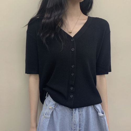 V-neck women's spring and summer 2025 retro gentle thin ice silk short-sleeve black short bm knit sweater