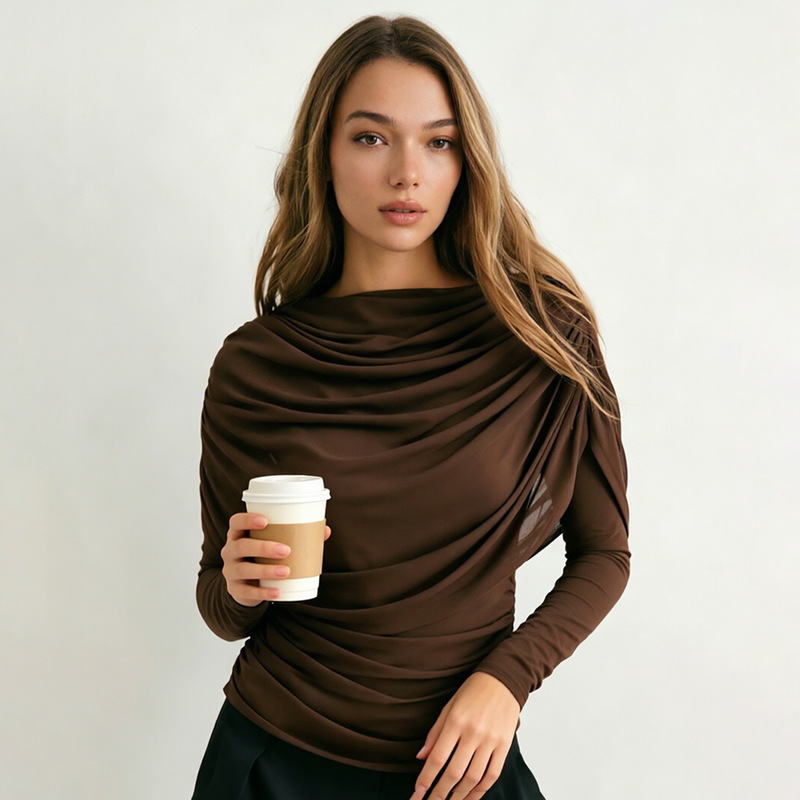 J26Tp310 European and American Style Cross-Border Women's Clothing Spring and Summer New Long-Sleeved Draped Collar Pleated Shawl Slim Fit T-Shirt Top