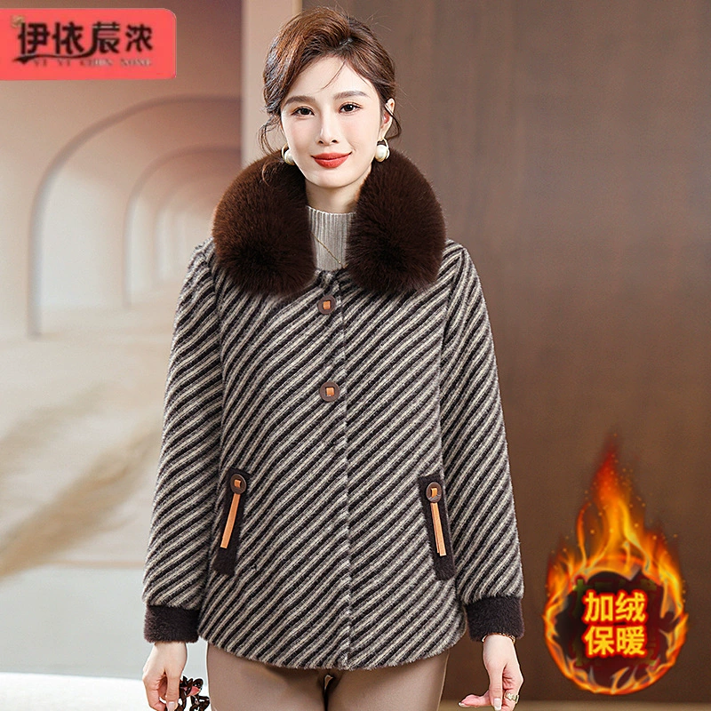 Модное пальто в полоску с воротником Мао и воротником на флисовой подкладке из искусственного меха норки, утепленная хлопковая одежда, пальто для женщин среднего возраста оптом