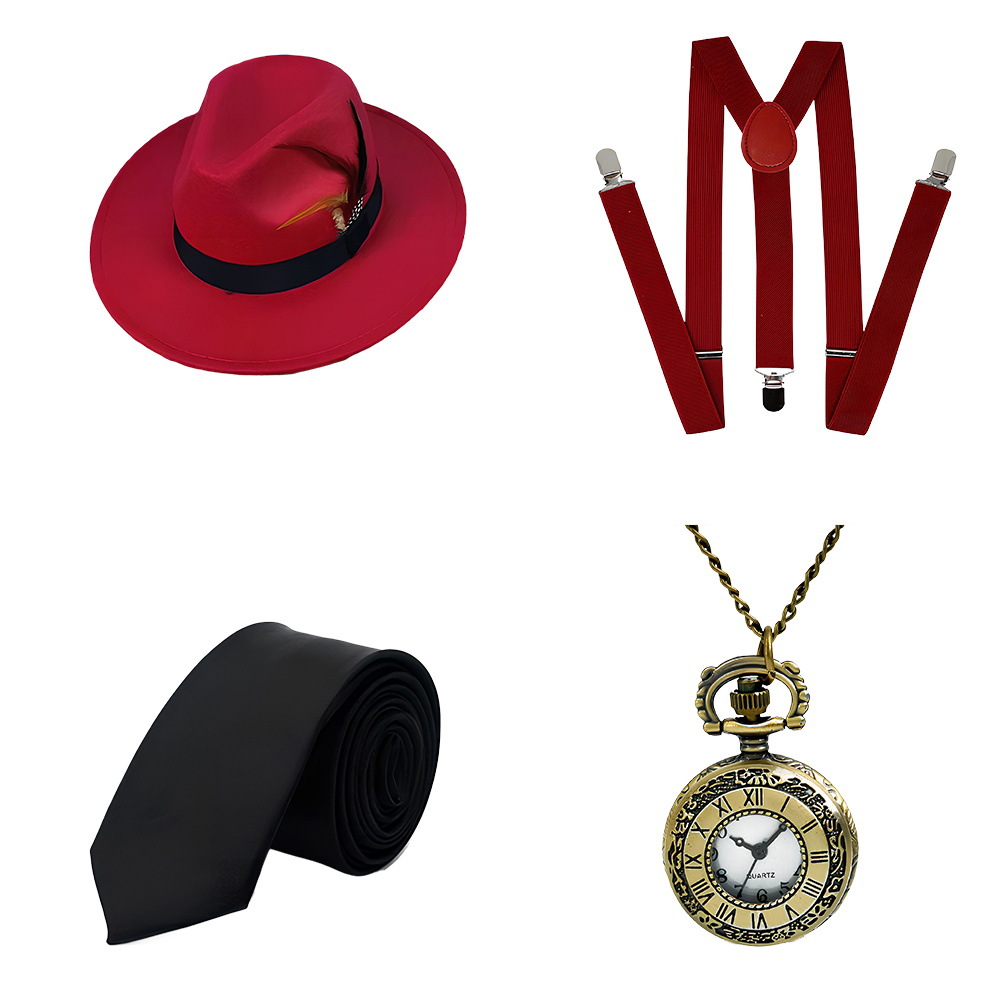 1920s Gatsby Party Dress Up Correa Reloj de bolsillo Barba falsa Traje Vestido de moda Sombrero de copa Corbata Años 20