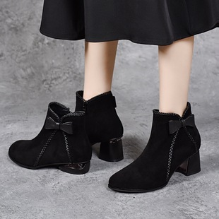 Sheepskin Bow Chelsea Boots Autumn and Winter 2024 All-match New Arrival Thick Mid-heel Pointed Sheepskin Fashionable Ankle Boots for Women