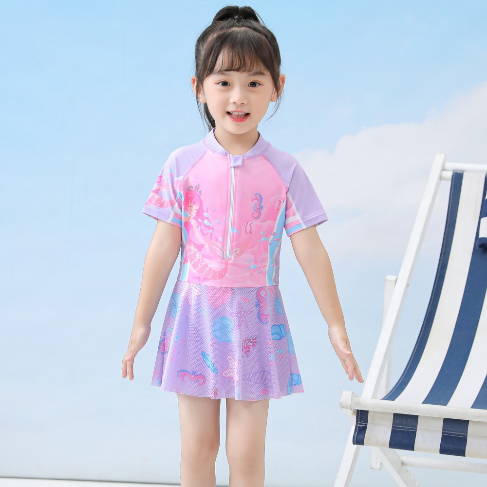 New Children's Swimsuit Female One-Piece Front Zipper Sports Mesh Skirt Swimsuit Cartoon Mermaid Medium and Large Girls Swimsuit