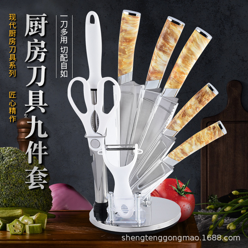 Cabeza de doble galvanoplastia cubierta por lotes mango de mármol con soporte para cuchillo cuchillo de chef cuchillo de fruta serie de utensilios de cocina