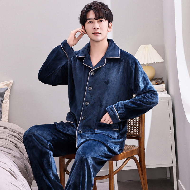 Pijamas de lana de coral coreana para hombres otoño y invierno engrosados franela se pueden usar cardigan de manga larga de invierno conjunto de ropa para el hogar