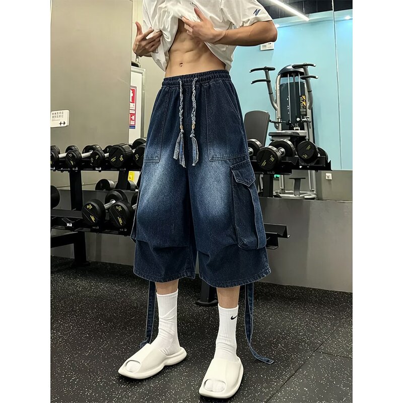 American High Street Retro Washed Large Pocket Wide-Leg Cropped Denim Shorts for Women, Summer Trendy Versatile Loose Shorts