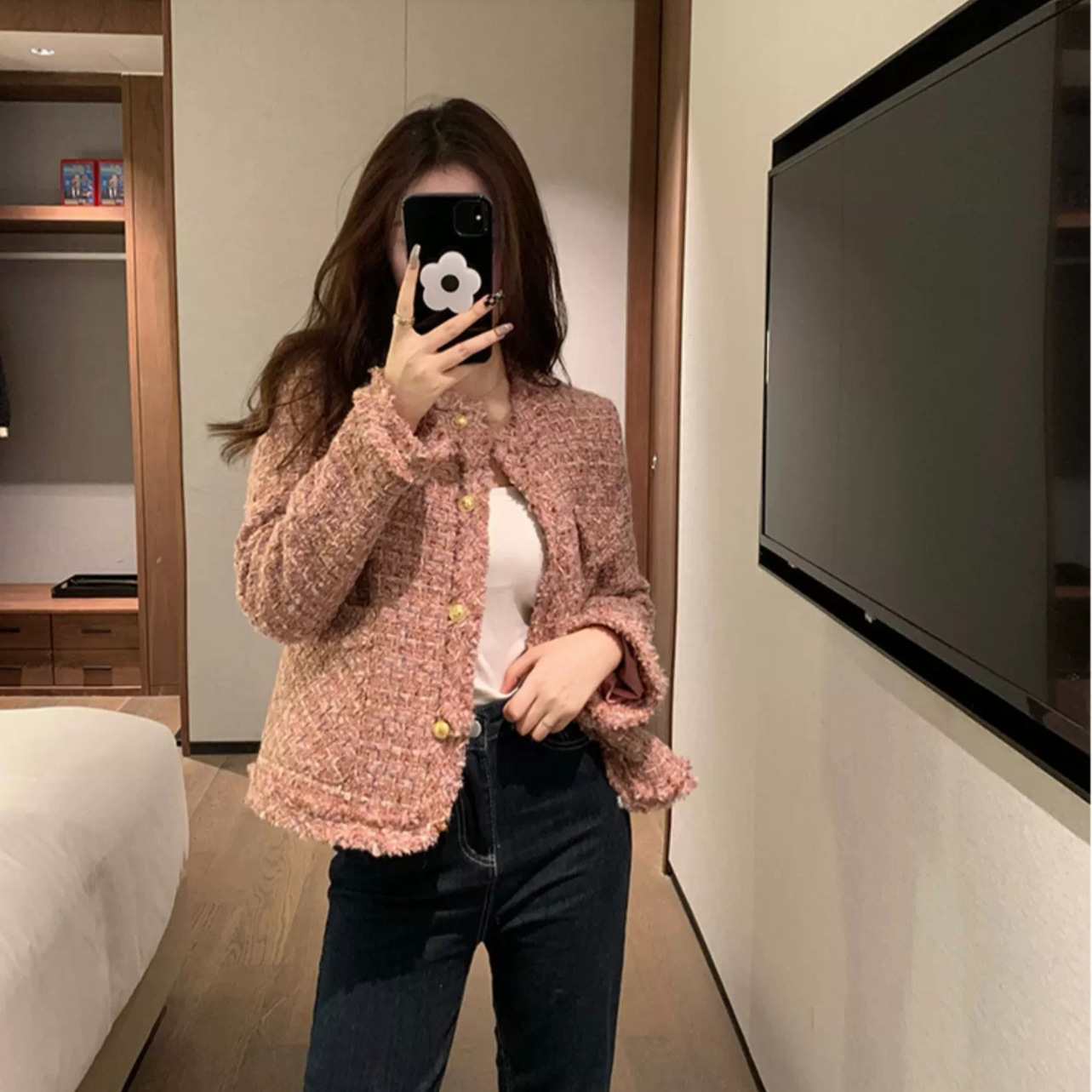 Pink Retro Chanel Style Coat Women's Autumn and Winter French Socialite High-end Tweed Short Top Trendy