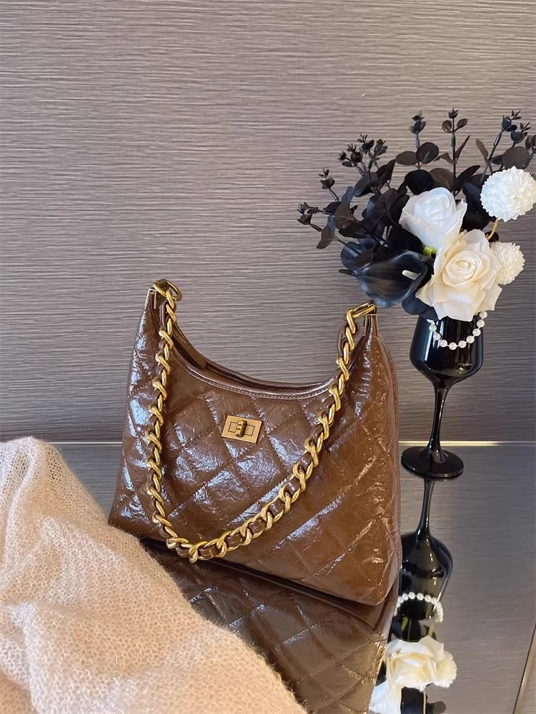 Túi tote nữ da thật kiểu tweed đeo chéo dây xích chần bông — Màu đen, Đỏ Ancora, Cà phê Mocha, Màu nâu chi tiết 7