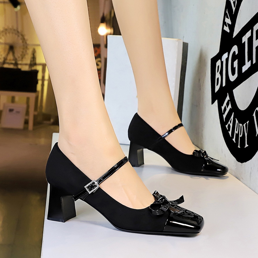 5296-H81 Leopard Print Color Block Mary Jane With Bowknot, Rhinestones, Square Toe, Suede, Shallow Mouth, Chunky Heel_vogvips.com