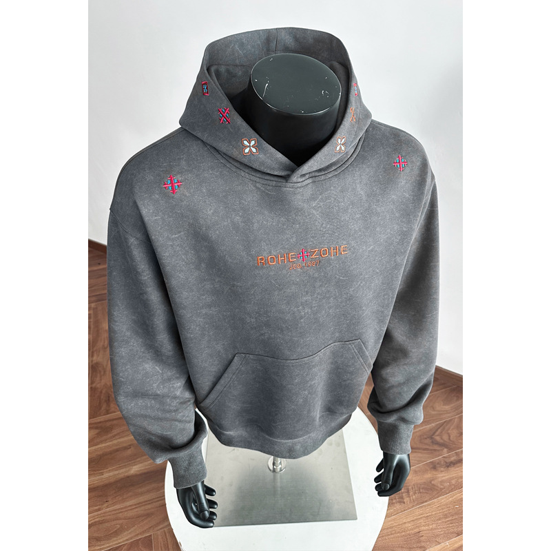 American High Street Design Embroidered Hooded Pullover Sweatshirt For Men, Spring Trendy Brand Cleanfit Sand-washed_voghion.com