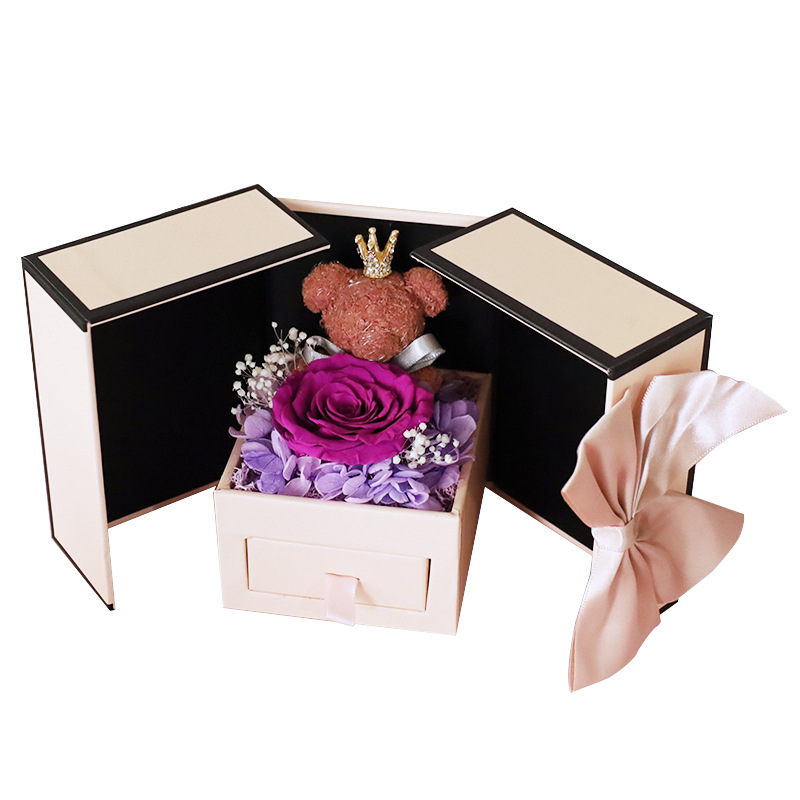 Nuevo oso rosa flor de dos puertas collar caja de regalo regalo de San Valentín flor eterna caja de joyería de rosa transfronterizo