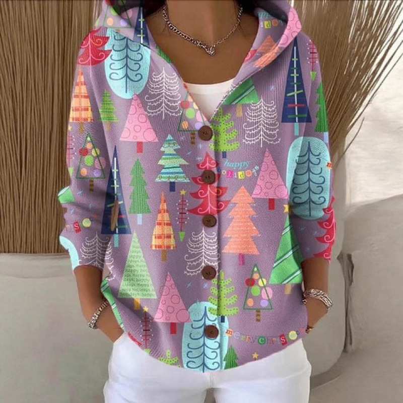 25 Cross-Border New Style V Neck Button Long-Sleeved Hooded Sweatshirt Autumn and Winter Christmas Fashion Personalized Sweater Jacket for Women