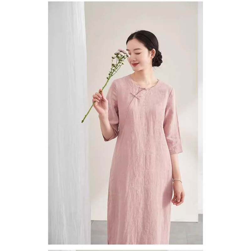 Summer Round Neck Split Skirt Gown Long Linen Modified Cheongsam Women's Dress