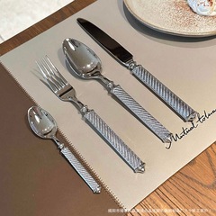 麻绳锻打304不锈钢浮雕加厚西餐具 酒店餐厅牛排刀叉勺甜品勺套装