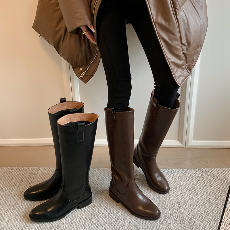 Celebrity-Style Full Leather Knee-High Boots, Autumn and Winter Straight Boots, Simple and Versatile, Round Toe, Chunky Heel, High Tube Riding Boots for Women