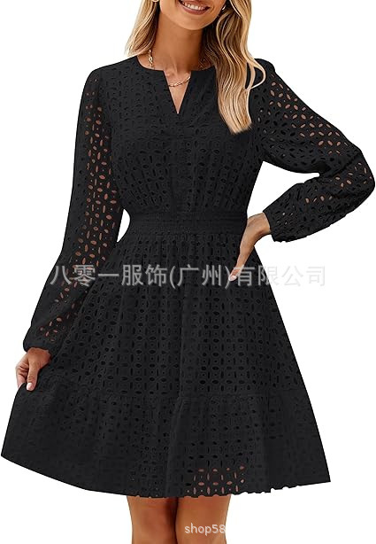 2024欧米の外国貿易クロスボーダー婦人服アマゾンの起爆vネックの透かし彫りの穴の刺繍綿の長袖のワンピース|undefined