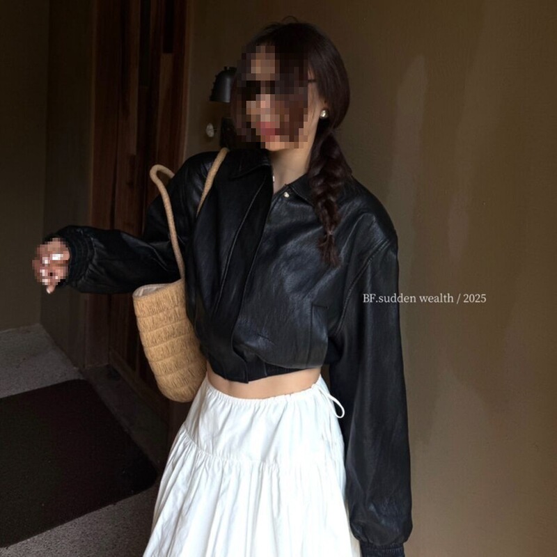 网红同款洋气时髦显白桔黄色皮衣外套女秋季韩版宽松显瘦收腰夹克|undefined
