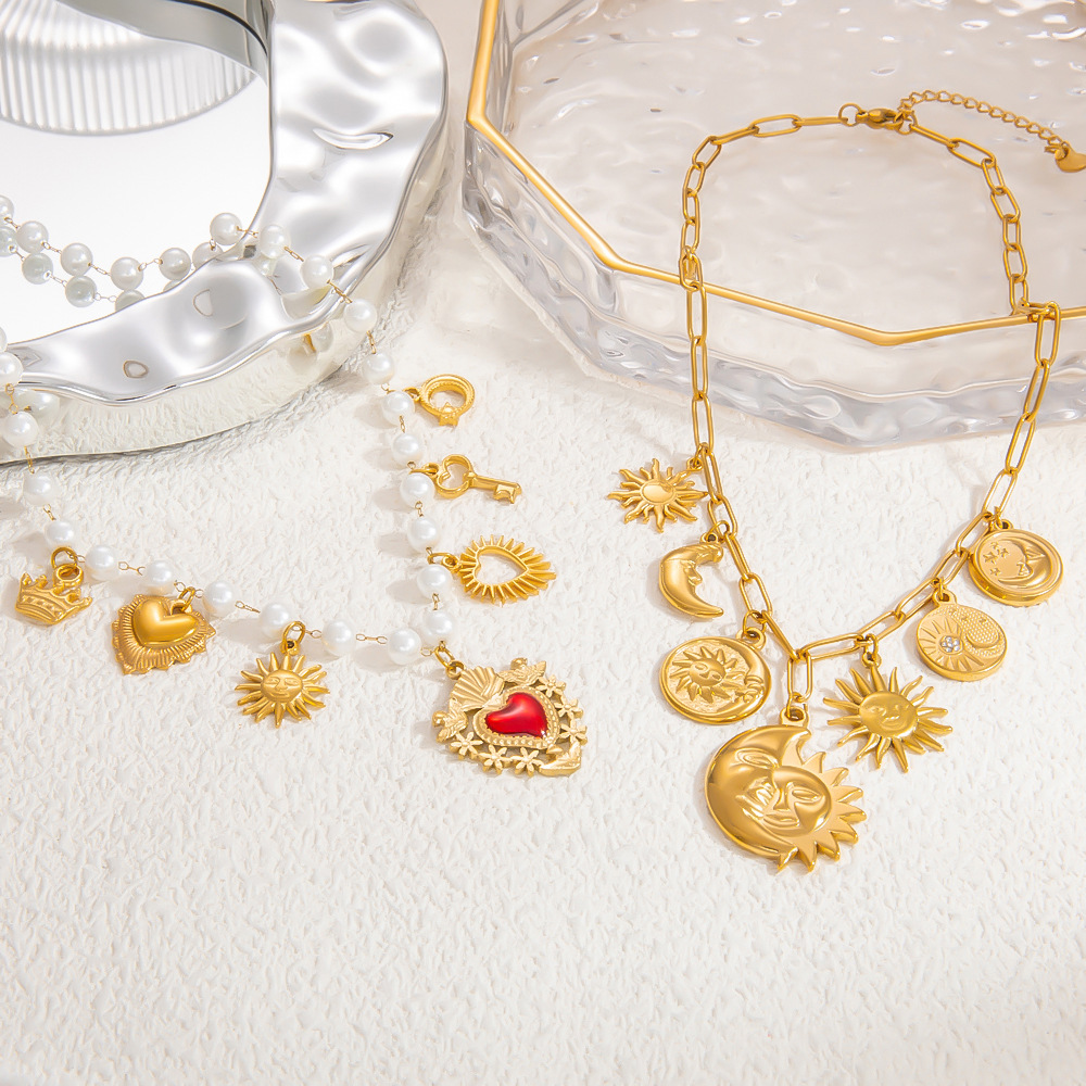 Pendant Necklace Classification PVD Coated Real Gold Plated 18K Gold Sun Moon Heart Shape Titanium Steel Elegant Waterproof Non Tarnish Titanium Steel Pendant Necklace