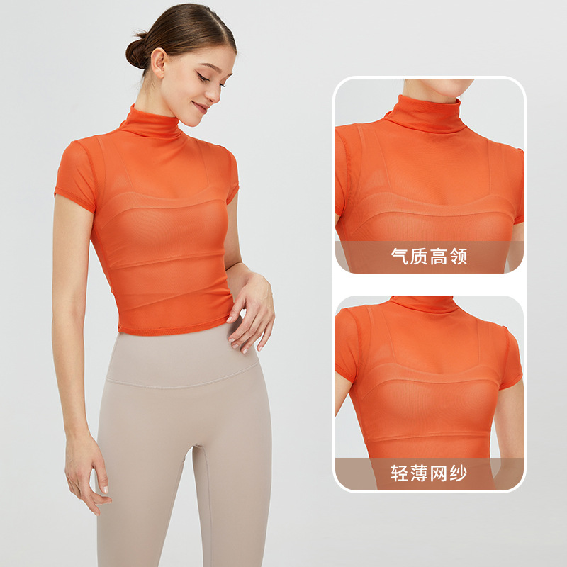 Nuevo retro cuello alto yoga blusa camiseta de las mujeres de secado rápido deportes blusa fitness superior malla protector solar ropa de yoga