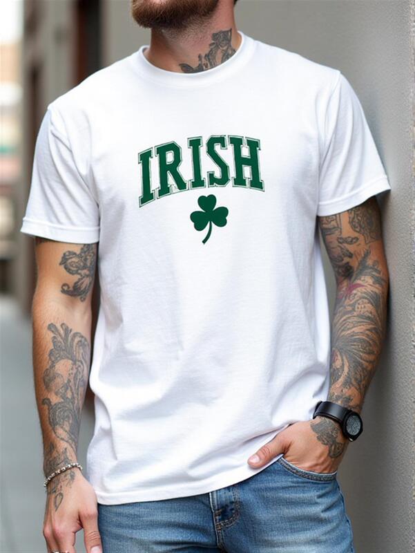 Men's Plus Size Irish Pride Shamrock T-Shirt - Oversized White with Green Irish Letters Four