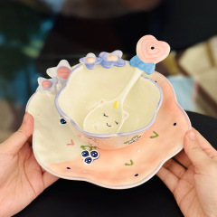 レリーフ花陶磁器8インチ皿4.5インチ茶碗家庭用小清新釉薬下彩手描き食器お土産